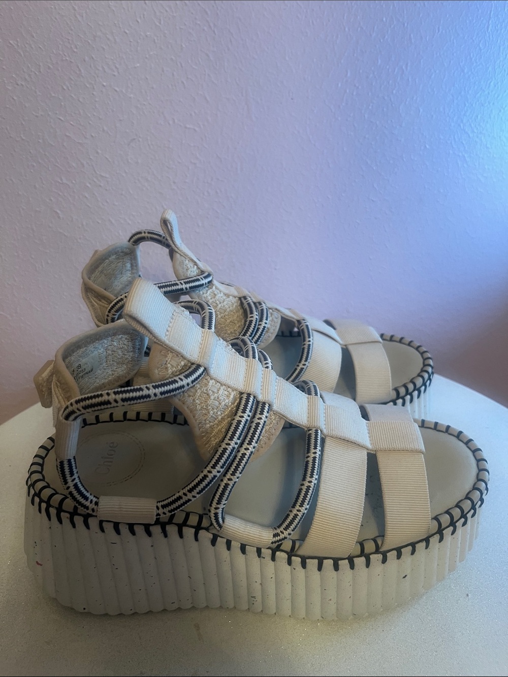 Chloe Nama platform wedge Beige and Black Strappy Platform Sandals chunky boots